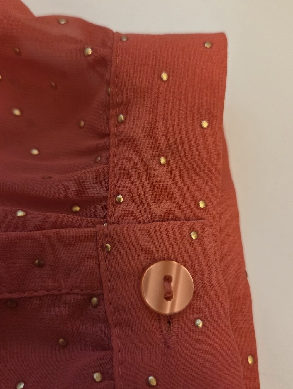 a.n.a. sz Petite L spice coral sheer long slv top NWT gold dot feminine romantic - Picture 14 of 14